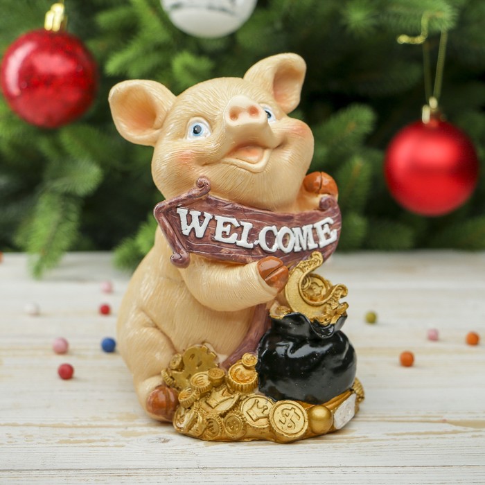 Копилка полистоун "Поросёнок с указателем - Добро пожаловать" МИКС 15х10,5х11,5 см