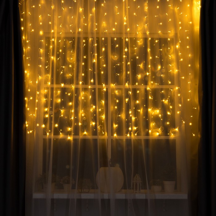 

Гирлянда «Занавес» 2 × 1.5 м, IP20, прозрачная нить, 360 LED, свечение тёплое белое, 8 режимов, 220 В
