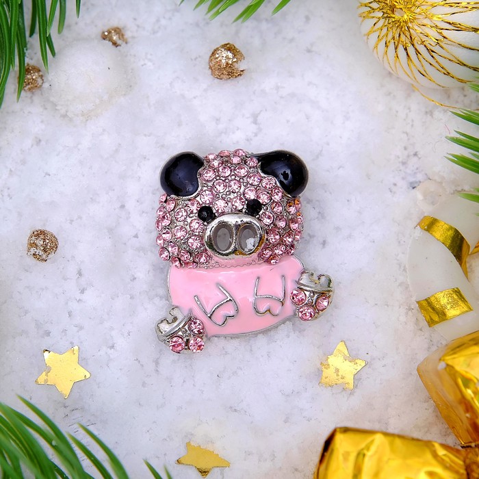Брошь "Новогодняя сказка" поросенок, цвет розовый в серебре