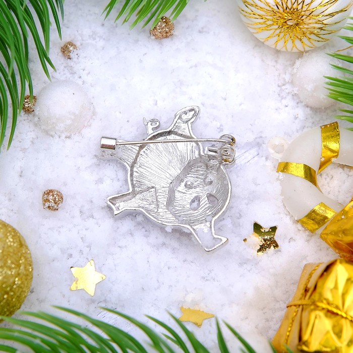 Брошь "Новогодняя сказка" свинка-танцор, цвет черно-белый в серебре