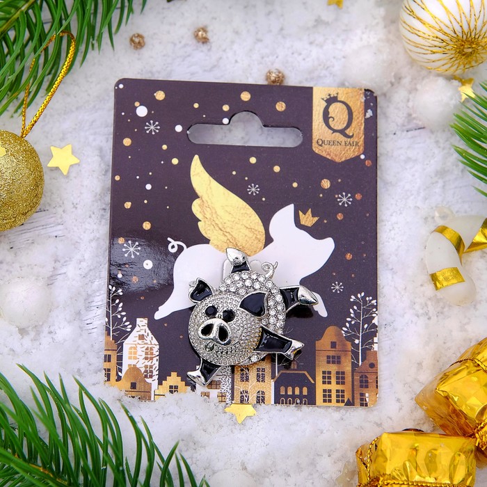 Брошь "Новогодняя сказка" свинка-танцор, цвет черно-белый в серебре