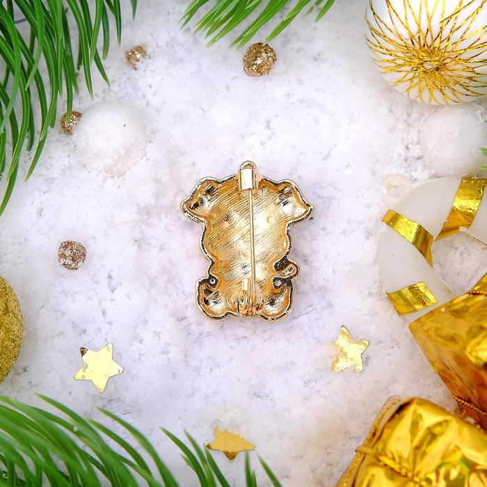 Брошь "Новогодняя сказка" свинка-сыщик, цвет розово-мятный в золоте