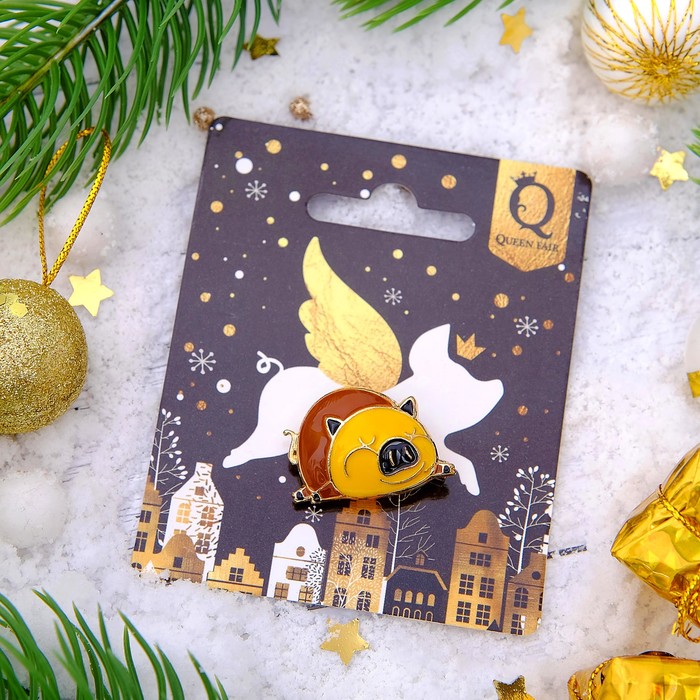 Брошь "Новогодняя сказка" хрюша-толстуша, цвет коричнево-желтый в золоте