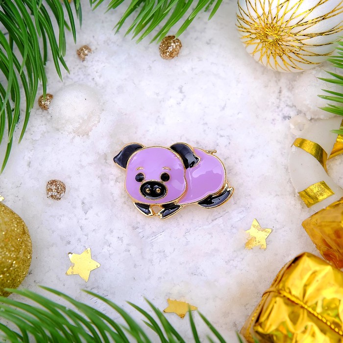 Брошь "Новогодняя сказка" свинка-милашка, цвет сиренево-черный в золоте