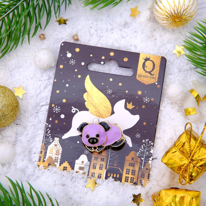 Брошь "Новогодняя сказка" свинка-милашка, цвет сиренево-черный в золоте