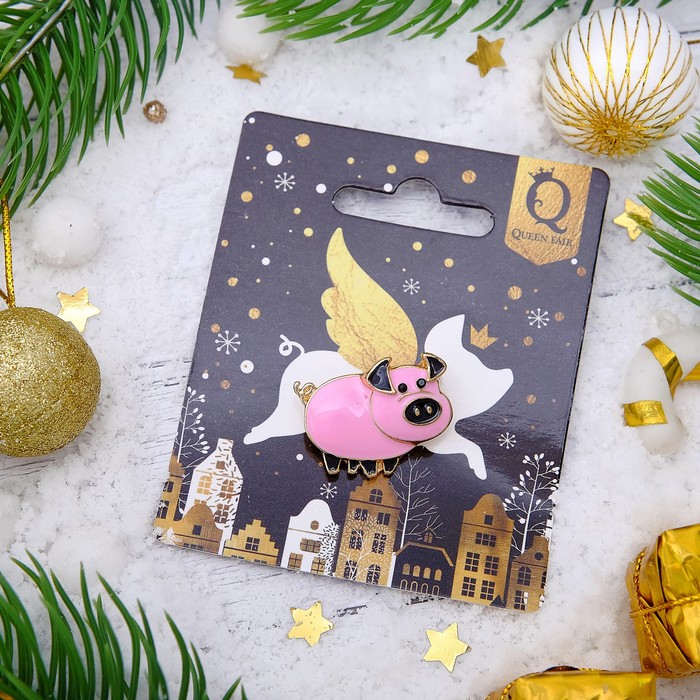 Брошь "Новогодняя сказка" поросюша, цвет розово-черный в золоте