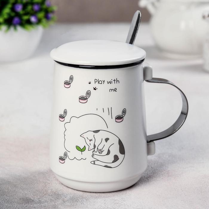 Кружка 450 мл "Поиграй со мной", с крышкой и ложкой, рисунок МИКС