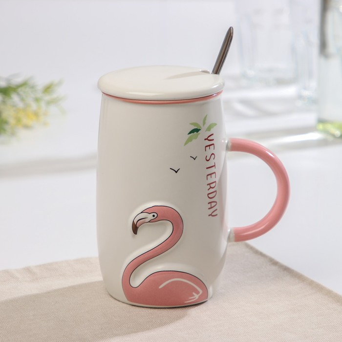 Кружка 580 мл "Дитя заката", с крышкой и ложкой, рисунок МИКС