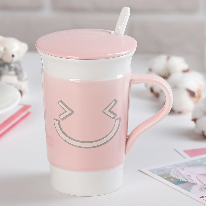 Кружка 450 мл "Эмоции", с крышкой и ложкой, цвет МИКС