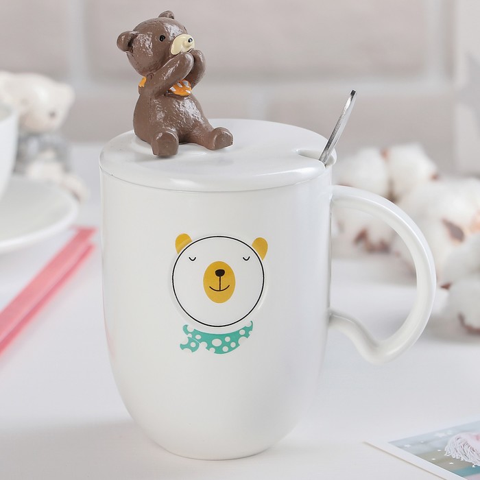 Кружка 350 мл "Тэди", с крышкой и ложкой, рисунок МИКС
