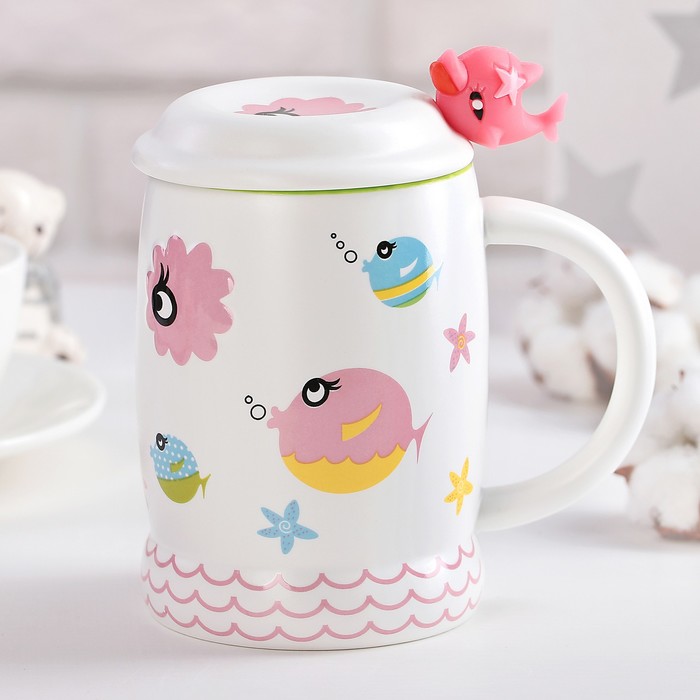 Кружка 450 мл "Морской мир", с крышкой и ложкой, рисунок МИКС