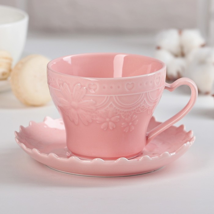 Чайная пара 200 мл "Романтика", блюдце 13 см, цвет розовый