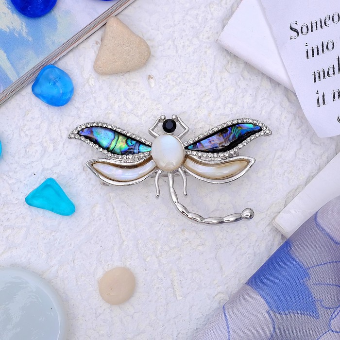 Брошь "Галиотис" стрекоза разноцветная со стразами в серебре