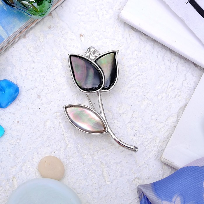 Брошь "Перламутр" тюльпан, цвет серый