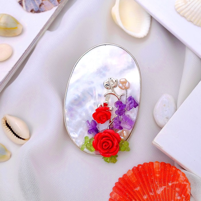 Брошь роскошь "МИКС камней" цветы в рамке