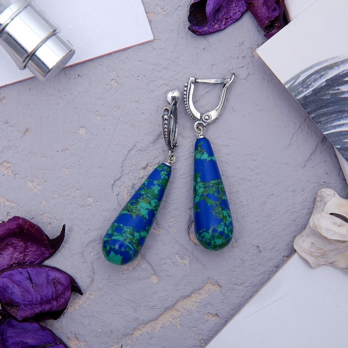 Серьги "Мозаика" капля вытянутая, цвет сине-зеленый