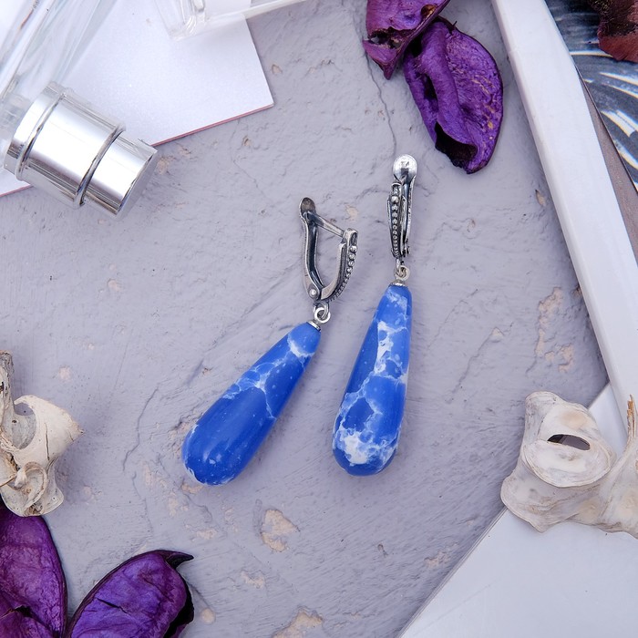 Серьги "Агат" капля вытянутая, цвет сине-белый
