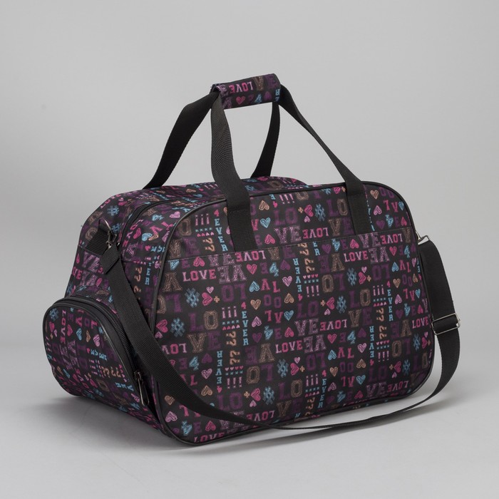 Сумка дорожная "Сердца", 1 отдел, 2 наружных кармана, длинный ремень, цвет чёрный