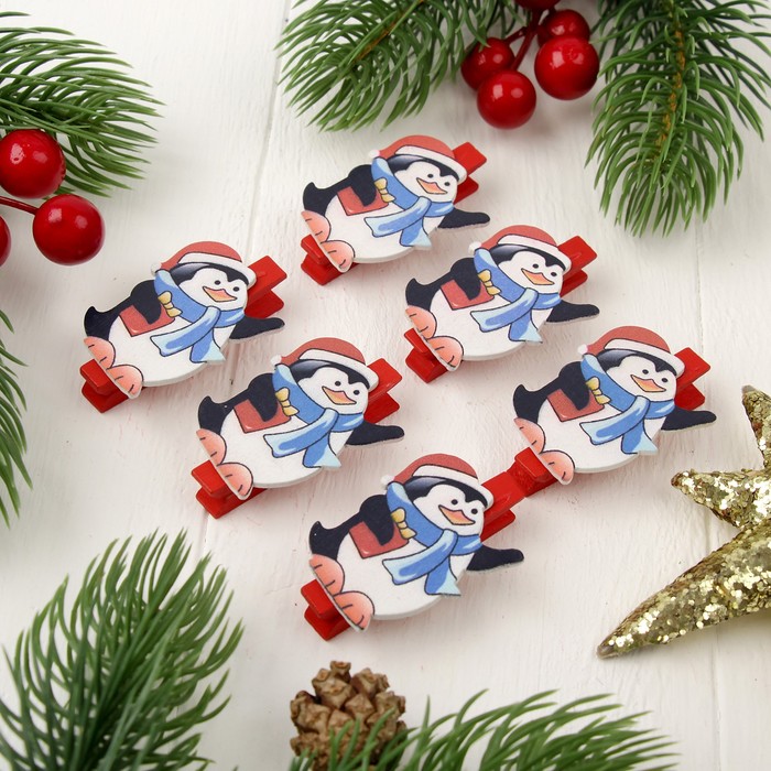 Прищепки новогодние "Пингвин с подарочком", набор 6 шт.