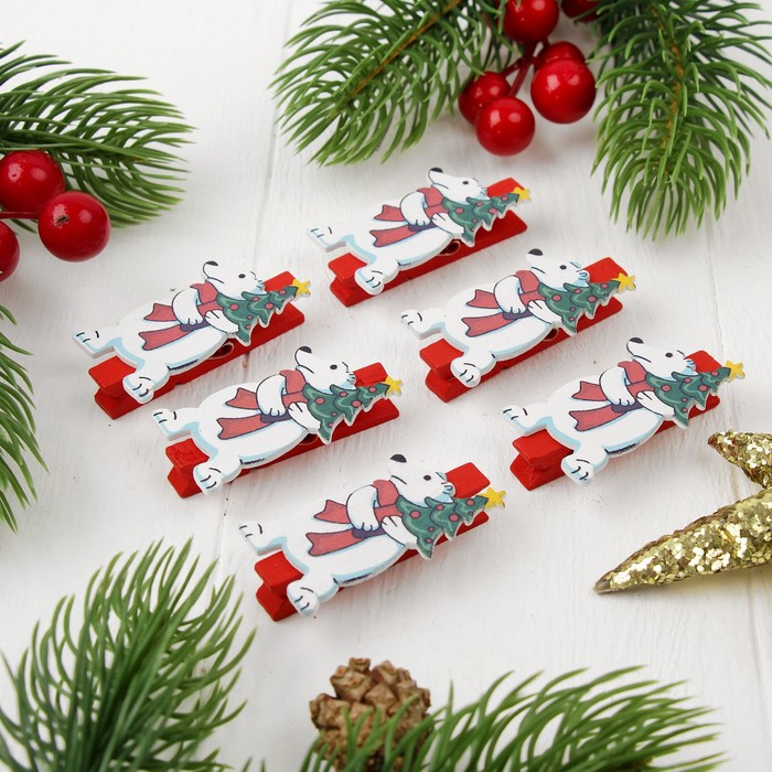 Прищепки новогодние "Белый мишка", набор 6 шт.