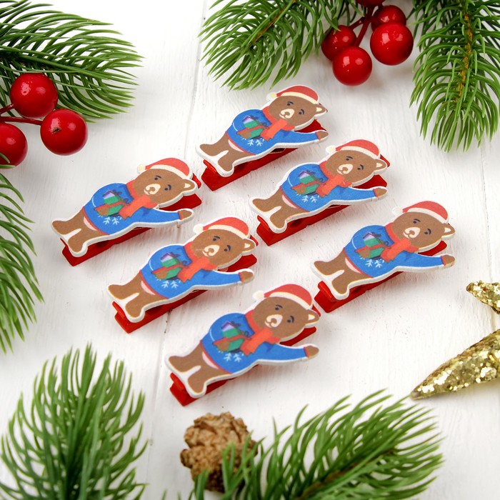 Прищепки новогодние "Мишка с подарочком", набор 6 шт.