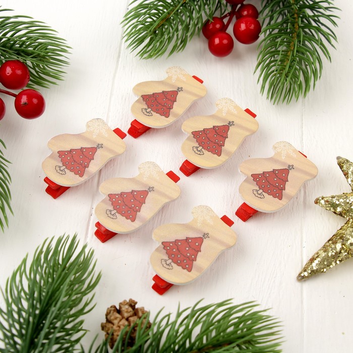 Прищепки новогодние "Варежка", набор 6 шт.