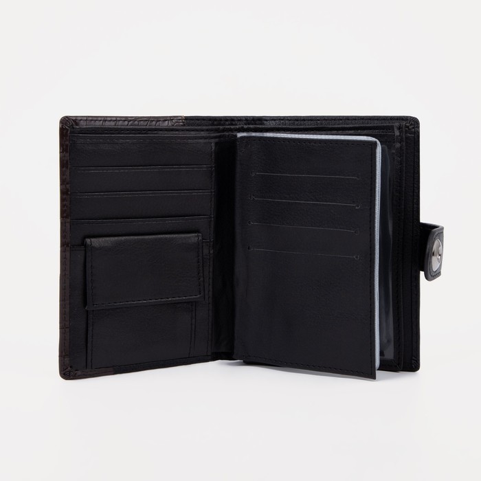 Портмоне мужское 3 в 1 для автодокументов и паспорта, 2 отдела, для карт, для монет, цвет чёрный/кофе