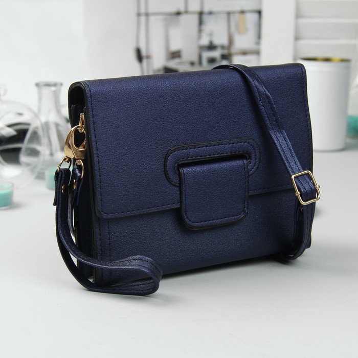 Клатч женский, 3 отдела на молнии, с ручкой, регулируемый ремень, цвет синий