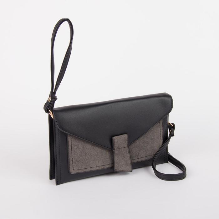 Клатч женский, 3 отдела на молнии, наружный карман, с ручкой, регулируемый ремень, цвет чёрный