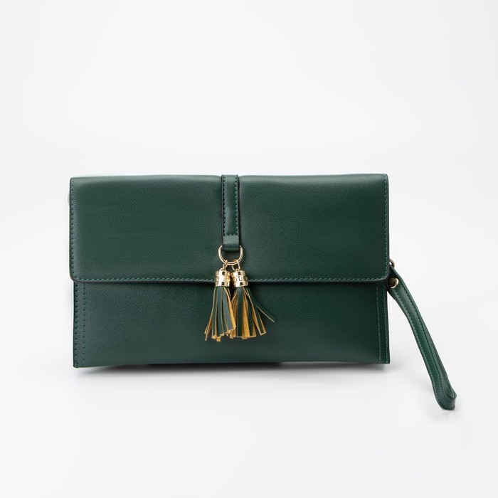 Клатч женский, 3 отдела на молнии, наружный карман, с ручкой, регулируемый ремень, цвет зелёный