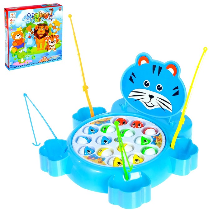 Рыбалка заводная "Котик", 15 рыбок, 4 удочки