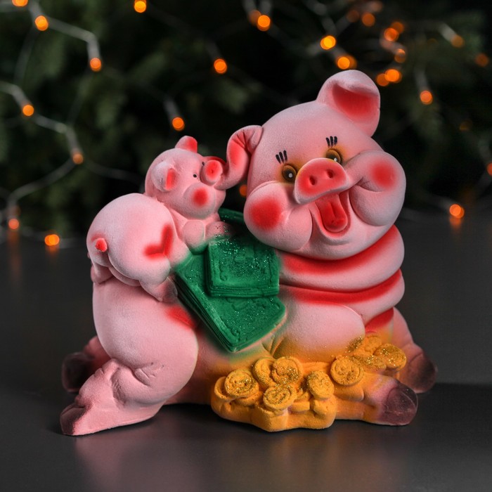 Копилка "Свинья с долларом лежит" флок, микс