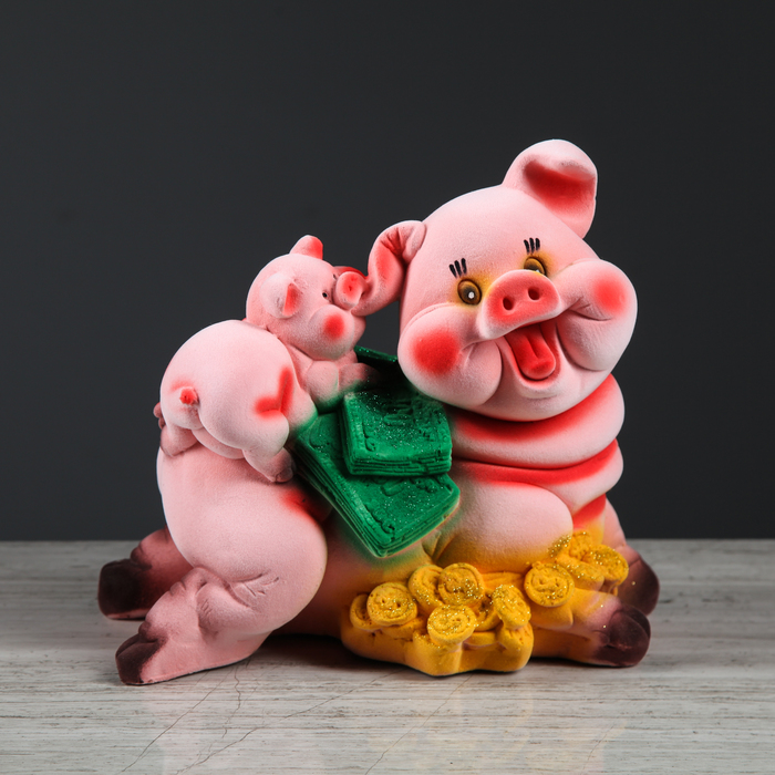 Копилка "Свинья с долларом лежит" флок, микс