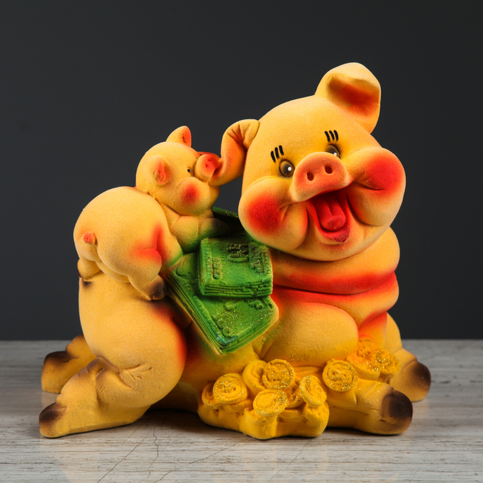 Копилка "Свинья с долларом лежит" флок, микс