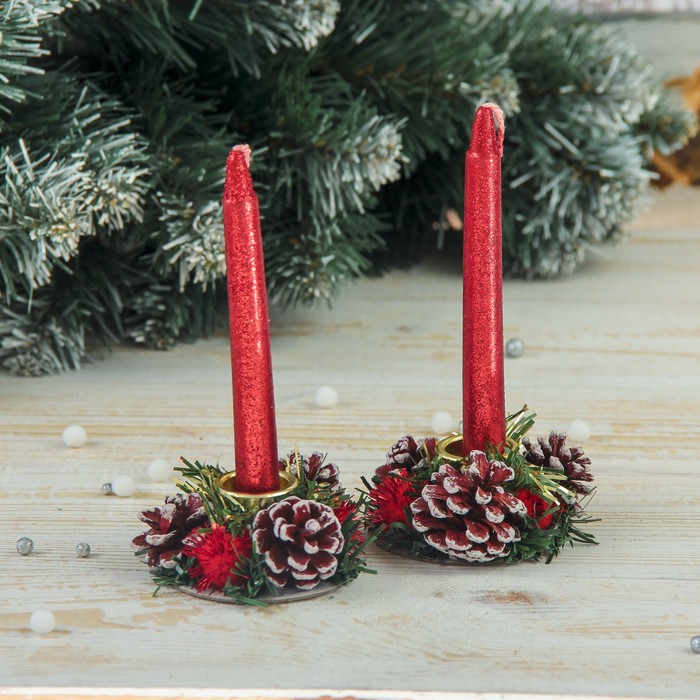 Новогодние свечи с подсвечником "Красный блеск" (набор 4 шт) 3,5*11*15 см  Уценка