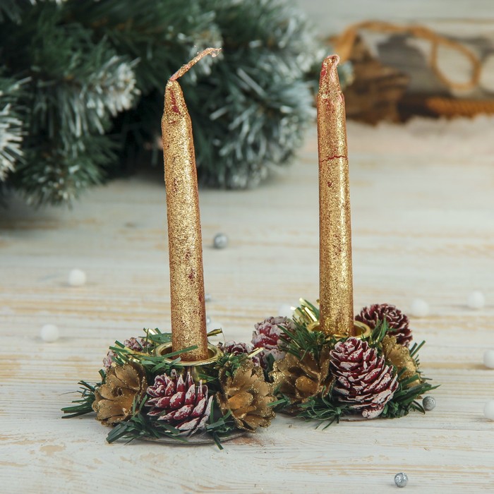 Новогодние свечи с подсвечником "Золотой блеск" (набор 4 шт) 3,5*11*15 см Уценка