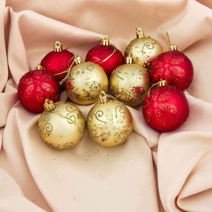 Набор шаров пластик d-6 см 10 шт "Романс" красно золотой