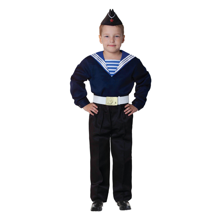 Карнавальный костюм "Моряк в пилотке" для мальчика, синяя фланка, брюки, ремень, р-р 34, рост 134 см