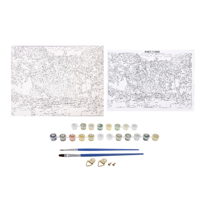 Роспись по холсту "Водопад" по номерам с красками по 3 мл+ кисти+инстр+крепеж 30*40