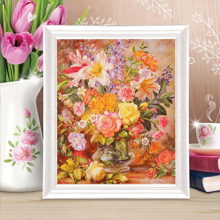 Роспись по холсту "Роскошный букет" по номерам с красками по 3 мл+ кисти+инстр+крепеж 30*40