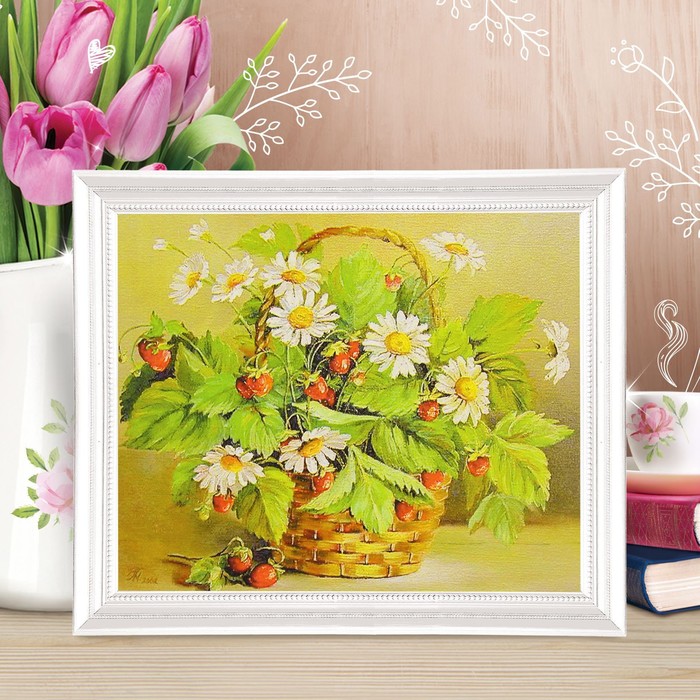 Роспись по холсту "Земляника с ромашками"по номерам с краск по 3мл+ кисти+инстр+крепеж30*40