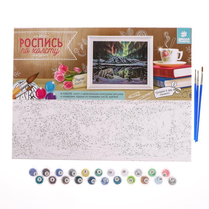 Роспись по холсту "Северное сияние" по номерам с красками по 3 мл+ кисти+инстр+крепеж 30*40