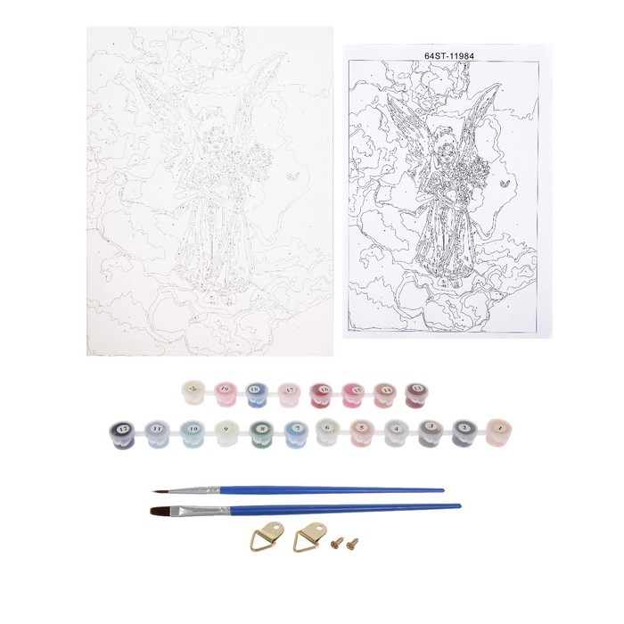 Роспись по холсту "Ангел с цветами" по номерам с красками по 3 мл+ кисти+инстр+крепеж 30*40