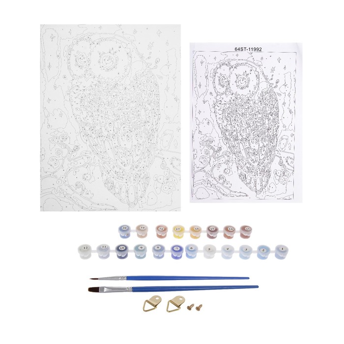 Роспись по холсту "Сова" по номерам с красками по 3 мл+ кисти+инстр+крепеж 30*40