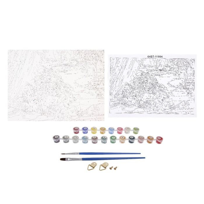 Роспись по холсту "Вид на пруд" по номерам с красками по 3 мл+ кисти+инстр+крепеж 30*40