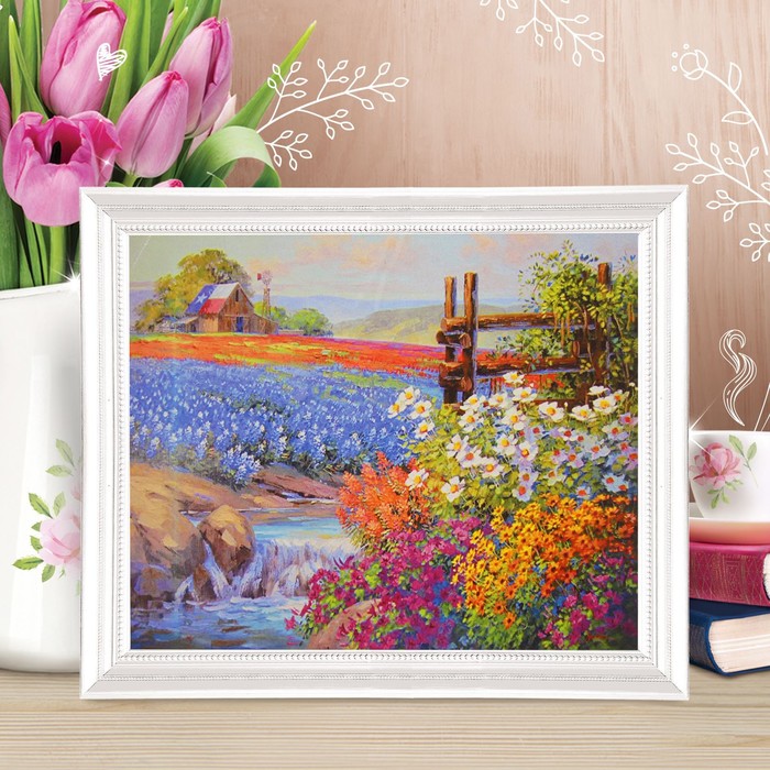 Роспись по холсту "Поле цветов" по номерам с красками по 3 мл+ кисти+инстр+крепеж 30*40