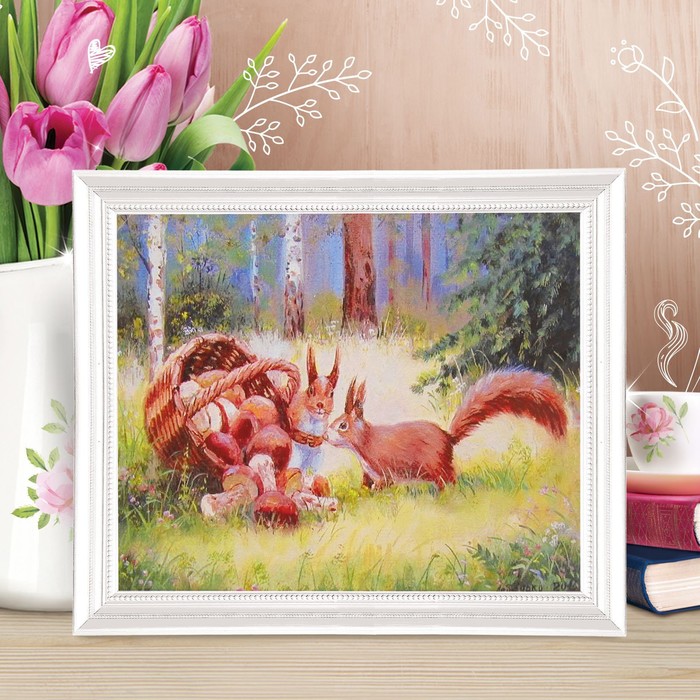 Роспись по холсту "Белочки с грибами" по номерам с краск по 3 мл+ кисти+инстр+крепеж 30*40