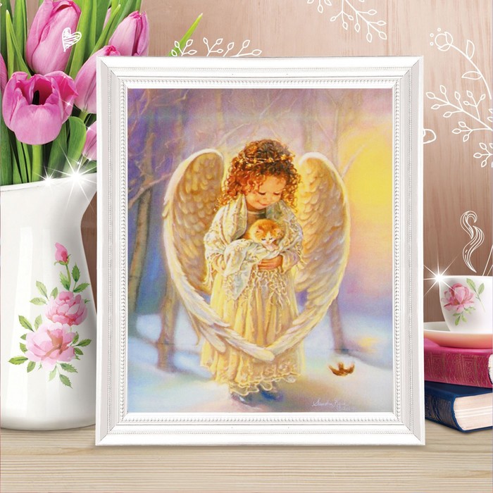 Роспись по холсту "Ангел с котенком" по номерам с краск по 3 мл+ кисти+инстр+крепеж 30*40