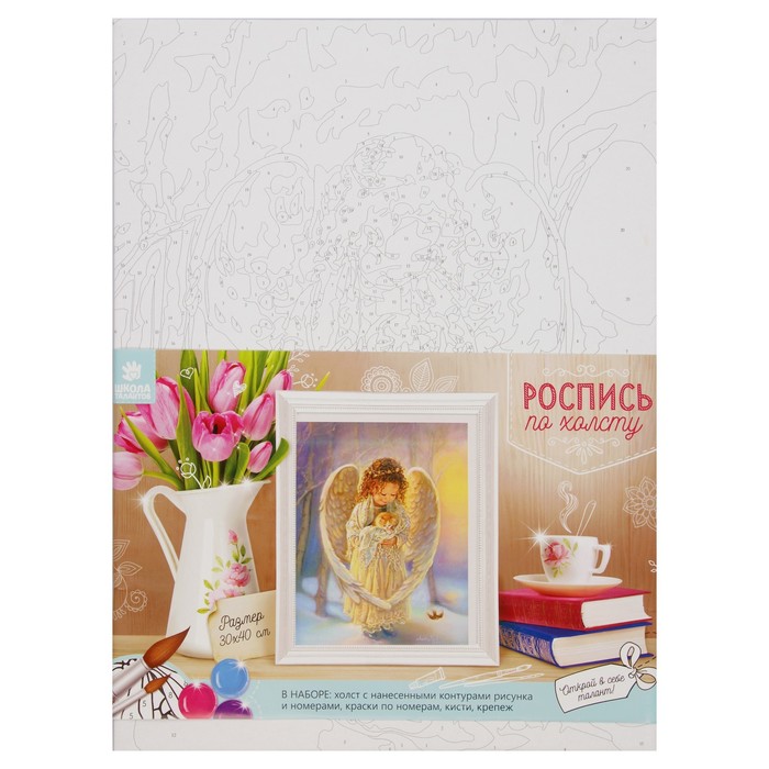 Роспись по холсту "Ангел с котенком" по номерам с краск по 3 мл+ кисти+инстр+крепеж 30*40