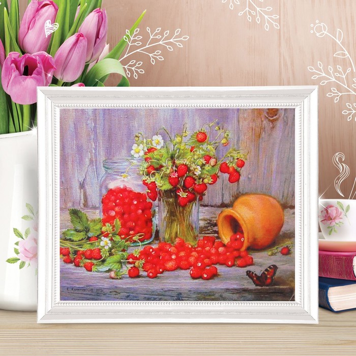 Роспись по холсту "Ягодки земляники"по номерам с краск по 3 мл+ кисти+инстр+крепеж 30*40